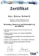 Zertifikat f&uuml;r Teilnahme am TAK-Seminar 'Befundung, Bewertung und Kostenplanung Oldtimer'